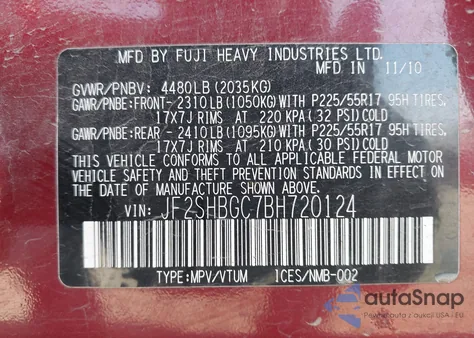 2011 Subaru Forester 2.5X Touring z USA, uszkodzony, nr VIN JF2SHBGC7BH720124